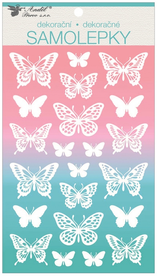 Samolepky bílé s glitry 14 x 24 cm, motýlci