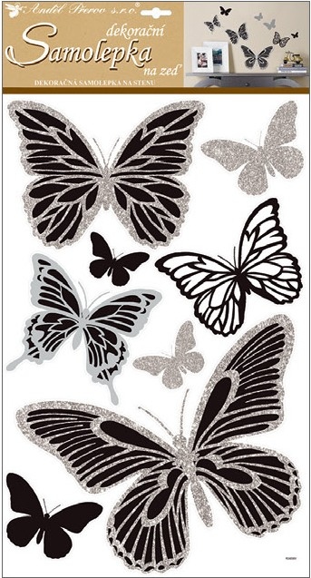 Samolepky na zeď motýli se stříbrnými glitry 60x32 cm 