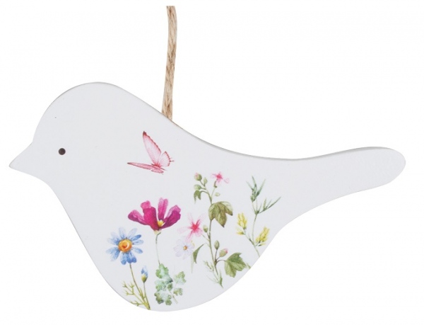 Ptáček bílý s květinovým vzorem na zavěšení 13,5 cm