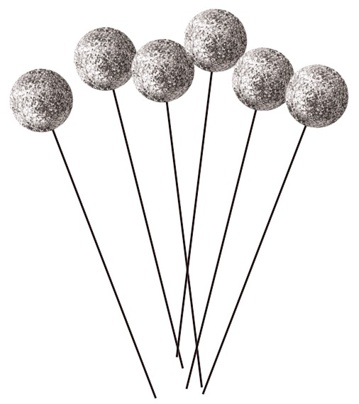 Kuličky na drátku stříbrné s glitrem 1,5 cm, 12 ks