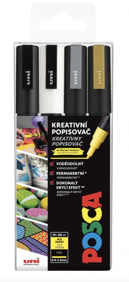 POSCA akrylový popisovač PC-3M 4 ks - bílá, zlatá, černá, stříbrná