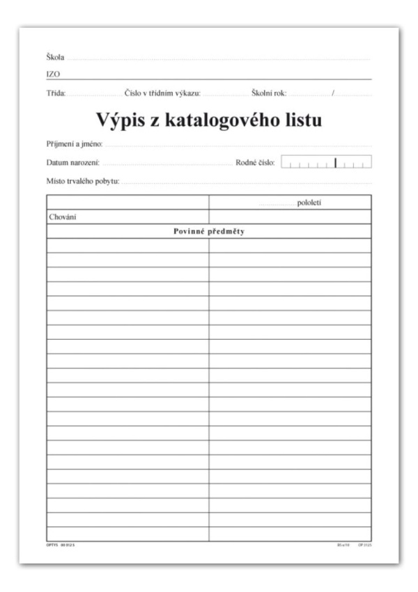 Výpis z katalogového listu, 1. a 2. stupeň, list A4