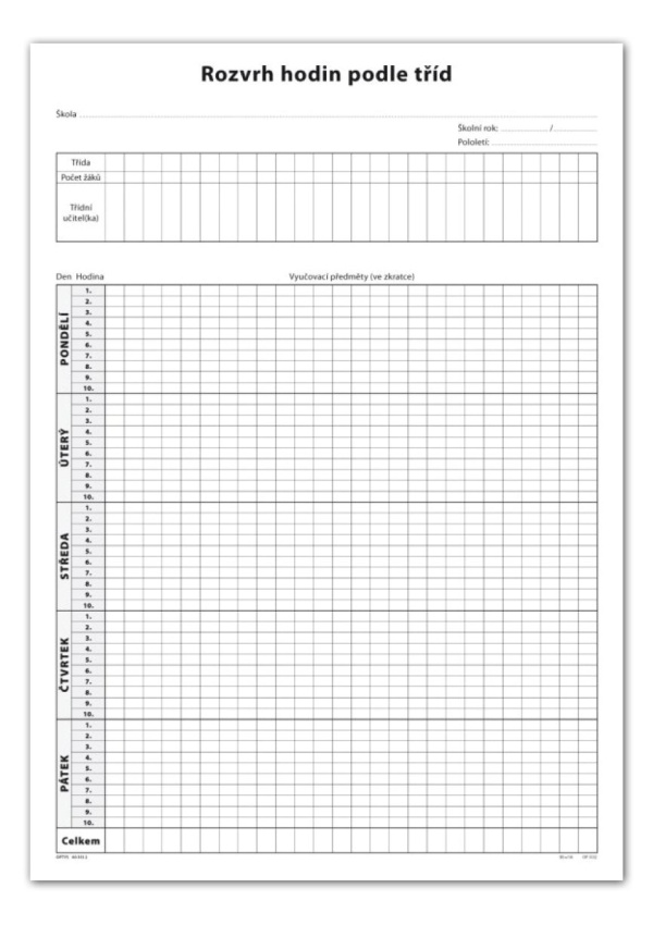 Rozvrh hodin podle tříd, list A3