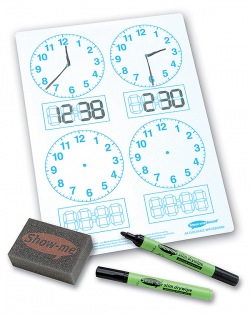 Show-me Stíratelná tabulka určování času (4 ciferníky) + fixa a houbička 10ks