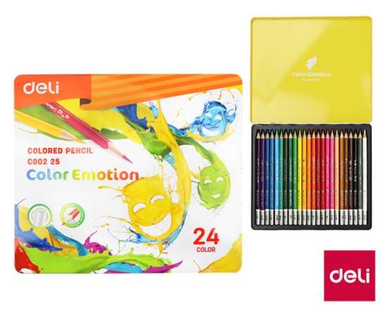 Pastelky DELI trojhranné 24 barev Color Emotion kovové pouzdro EC00225