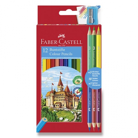 Pastelky Faber Castell šestihranné 12ks + 3 oboustranné pastelky a ořezávátko.