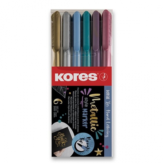 Popisovač Kores Style Brush Marker Metallic, 6 barev