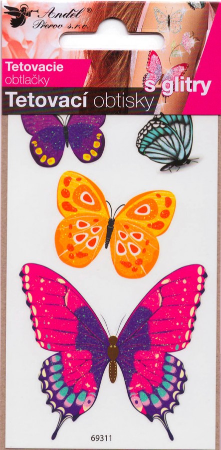 Tetovací obtisky s glitry 10,5 x 6 cm - motýli