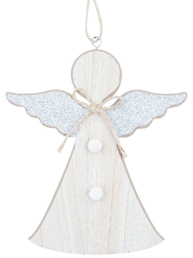Anděl dřevěný se stříbrnými křídly na zavěšení 15 cm
