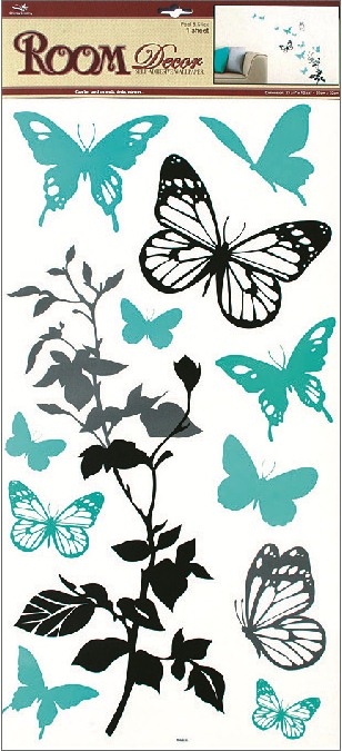 Samolepky na zeď černošedá s tyrkysovými motýly, 60x32cm