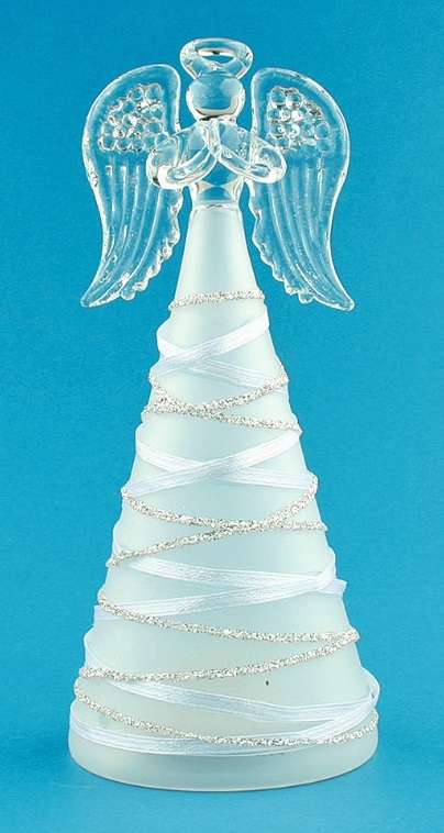 Anděl skleněný na postavení svítící LED 16 cm 