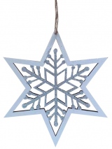 Hvězda s vločkou dřevěná na zavěšení 15 cm, bílá 